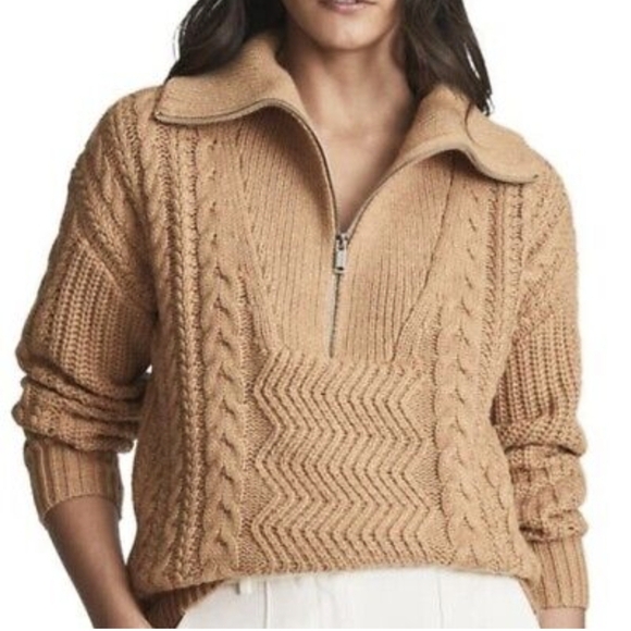 Reiss Camel Cable Knit Half Zip Sweater XS Wool Blend Tan Pullover Sweater - Picture 1 of 12